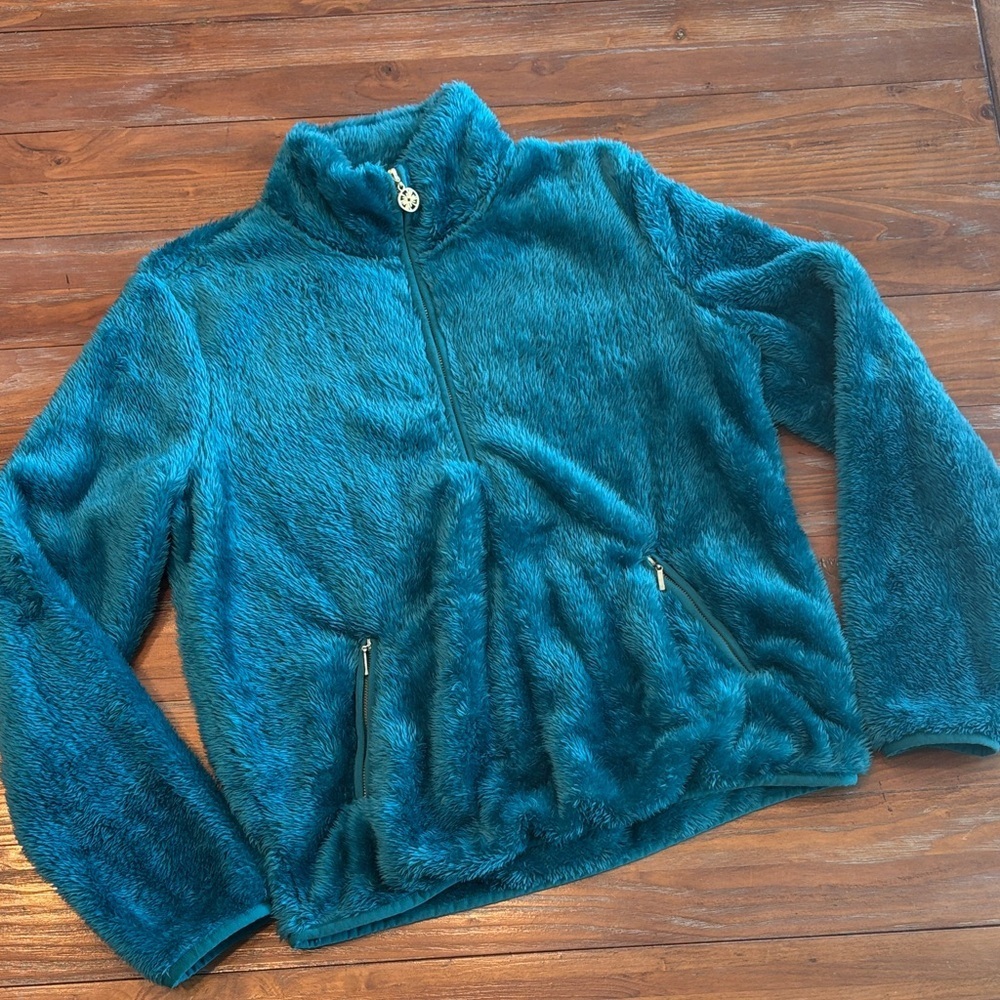 Lilly Pulitzer Faux Fur Quarter Zip Pullover | Size S | Teal Blue Gold Zip